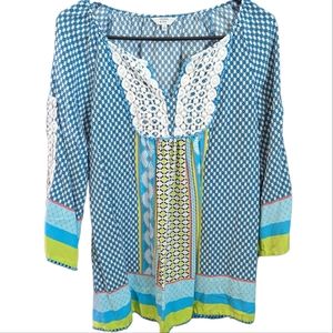 Crown & Ivy Lace Pom Pom Trimmed 3/4 Sleeve Tops Blouse Women Sz s